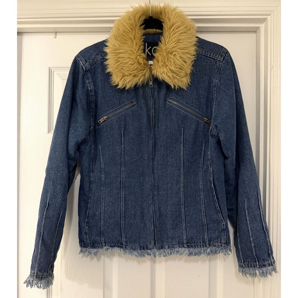 Women's KC Collections Vintage Denim Fully Lined jacket With faux Fur Collar Siz